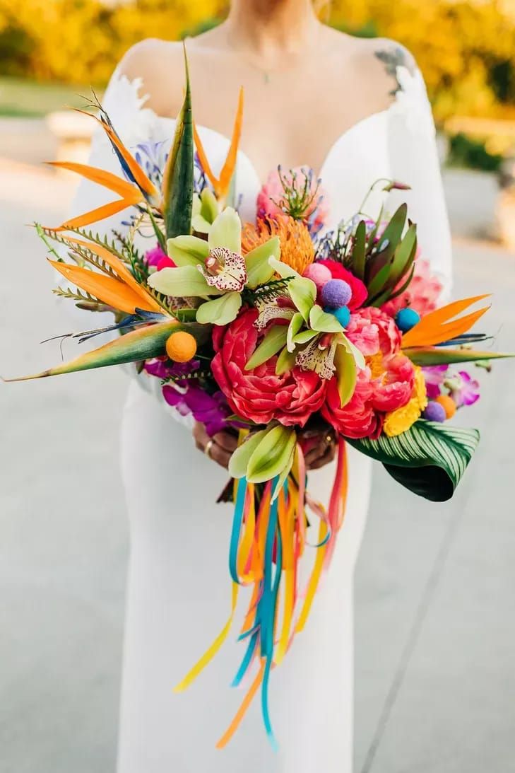 Tropical Birds of Paradise Green Orchids Wedding Bouquet