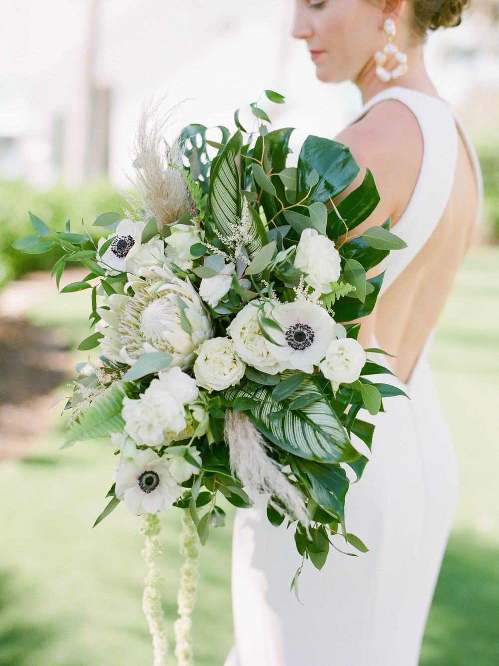 Tropical Palm Leaf and Monstera Wedding Bouquet