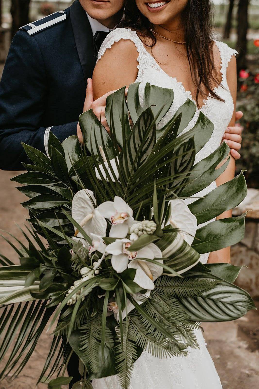 Tropical Palm Leaf and White Anthurium Wedding Bouquet