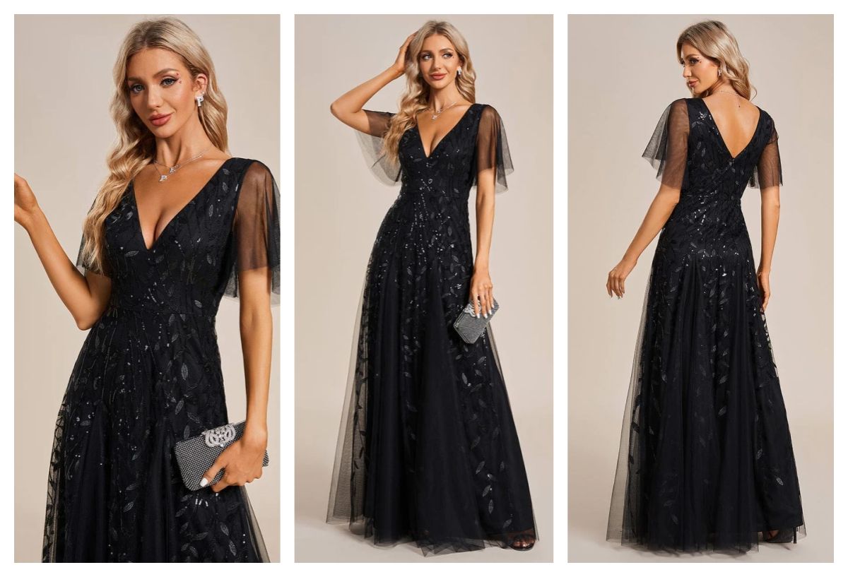 V Neck Ruffle Sleeves Sequin Maxi Long Formal Evening Dress