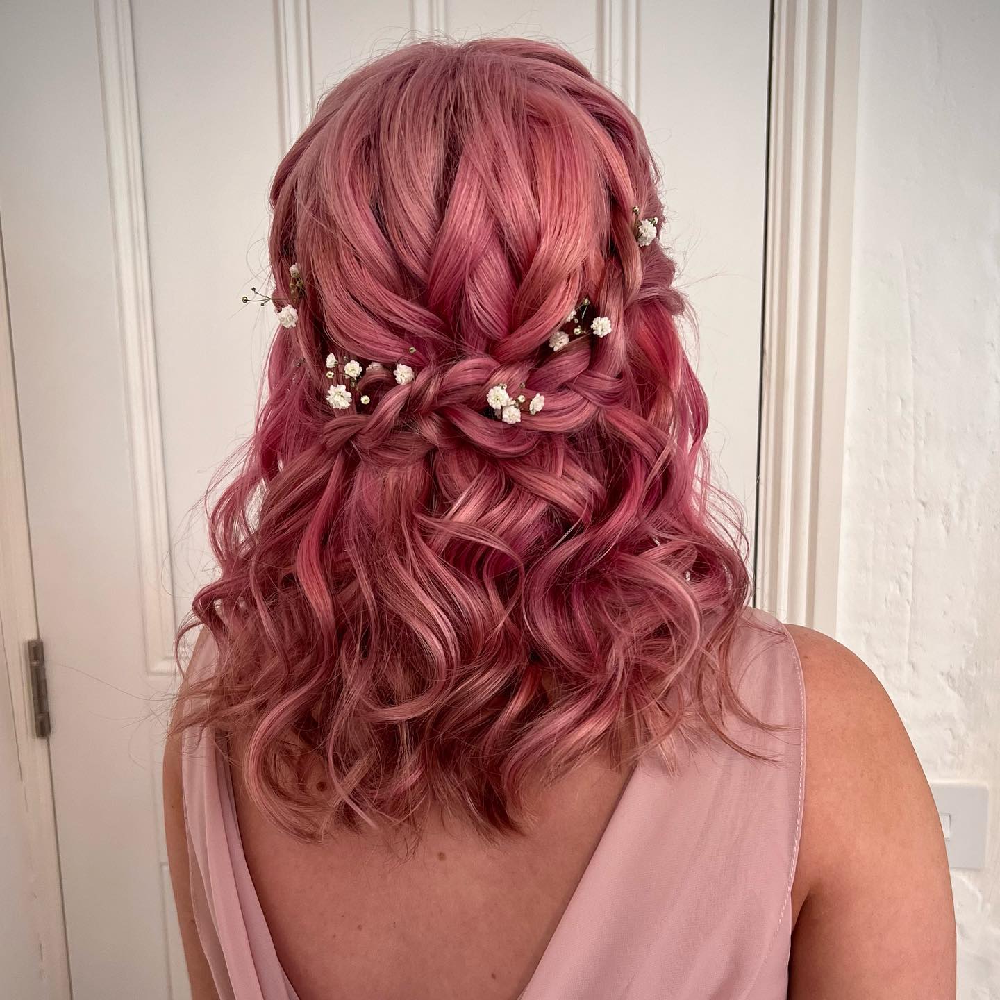 pink half up braided half down hairstyles for medium length prom hair via lisamariehair