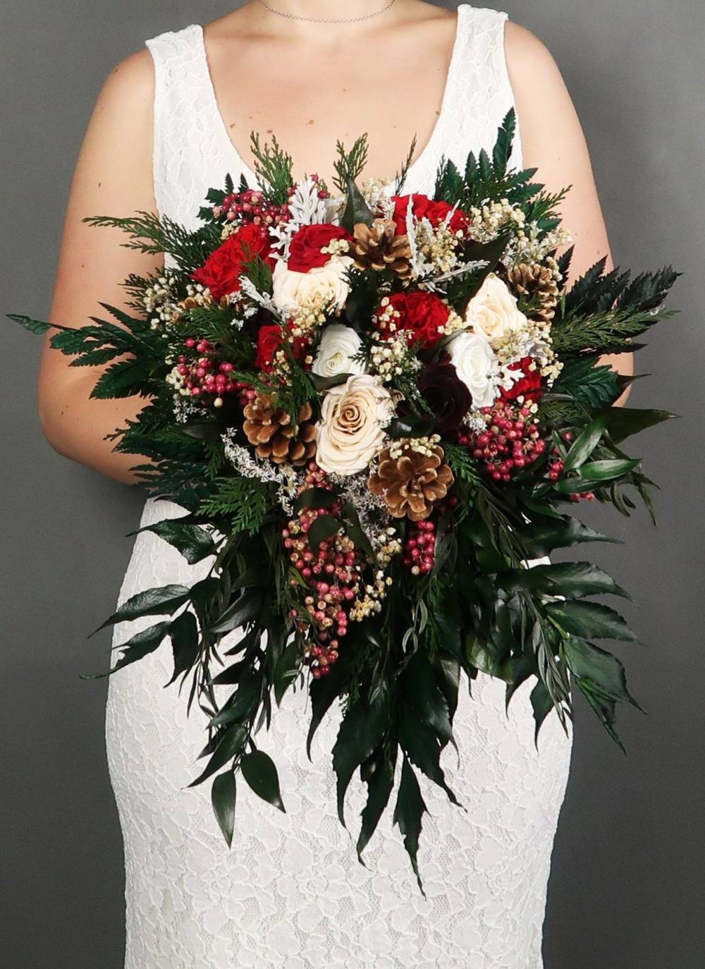 rustic burgundy and green winter wedding bouquet