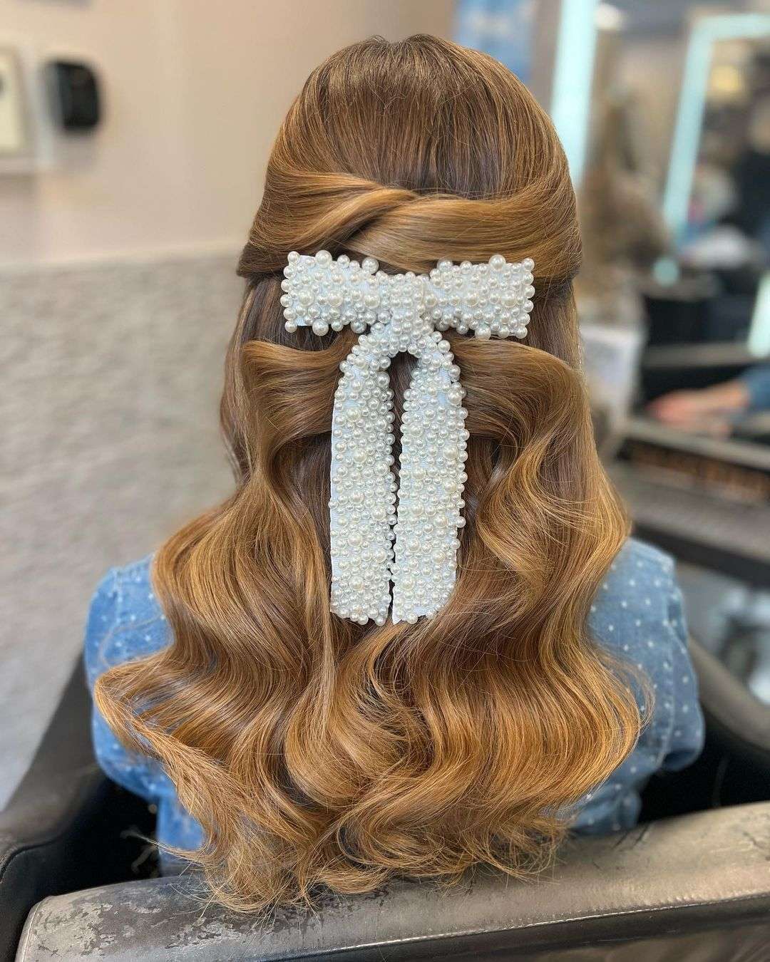 vintage half up half down hairstyles for medium length prom hair with pearl bow via hair_by_matt